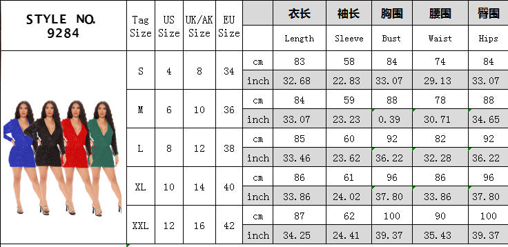 Fashion Women'S Long-Sleeved Nightclub Sequin Deep V Sexy Bodycon Dress 10