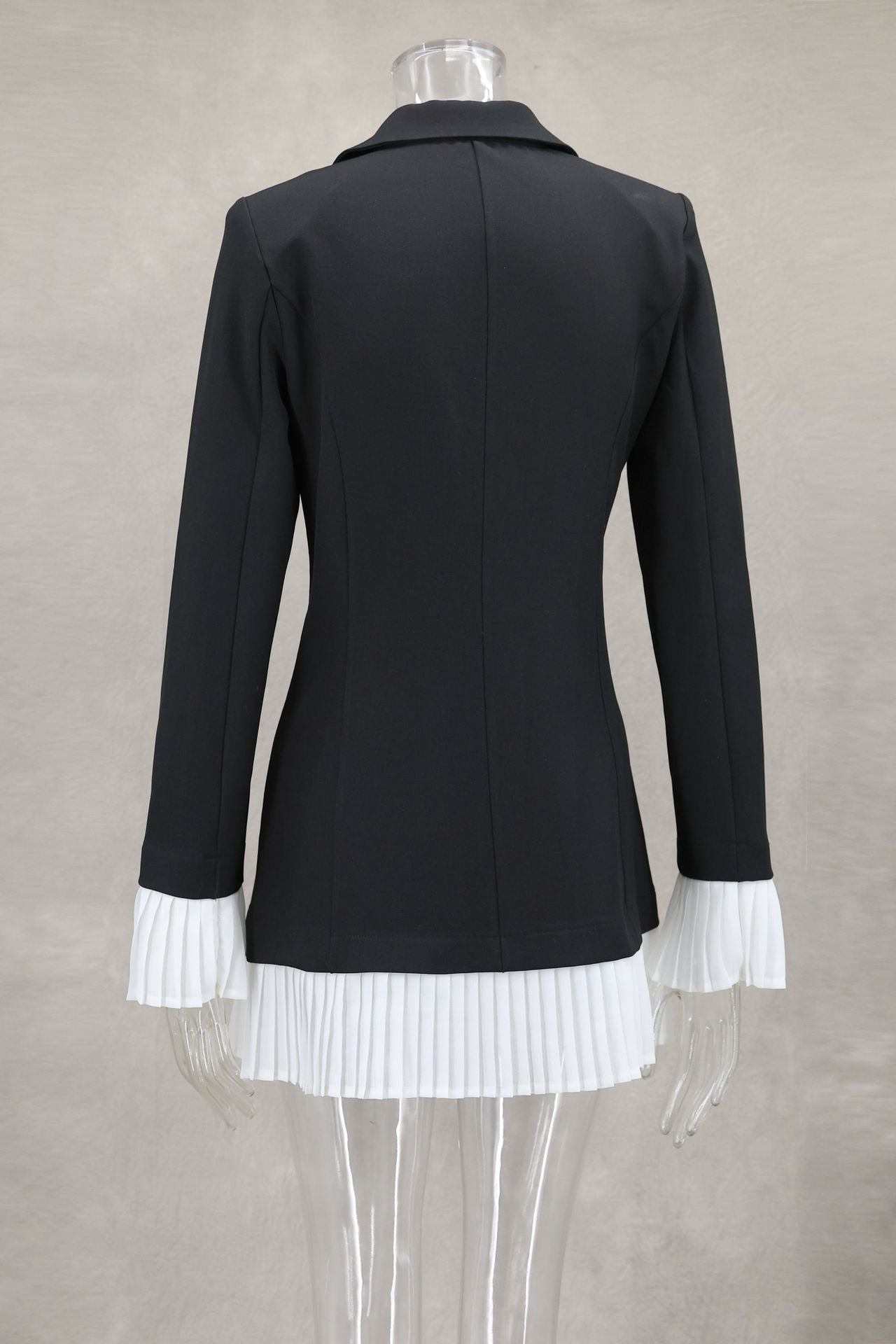 Women Spring and Summer Black and White Contrast Pleated Ruffle Blazer Dress 8