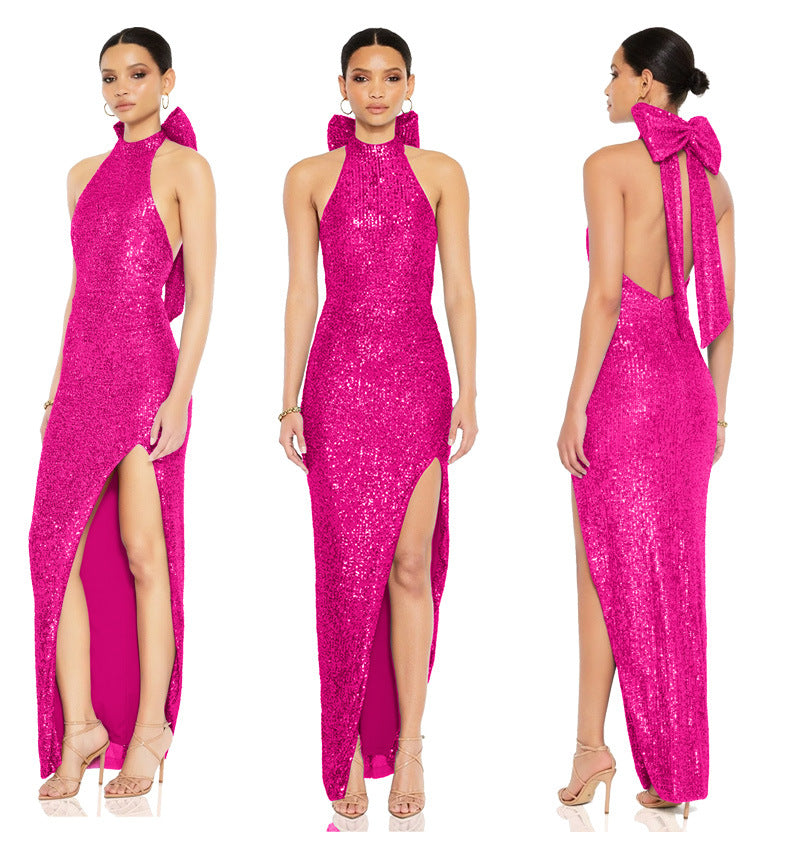 Women sequin split Halter Neck big bow Maxi Evening Dress 4