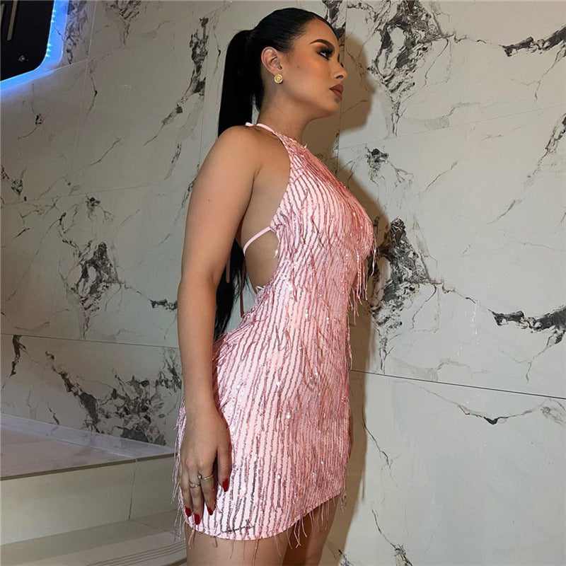 Women Sexy Halter Neck Backless Sequined Tassel Dress 3