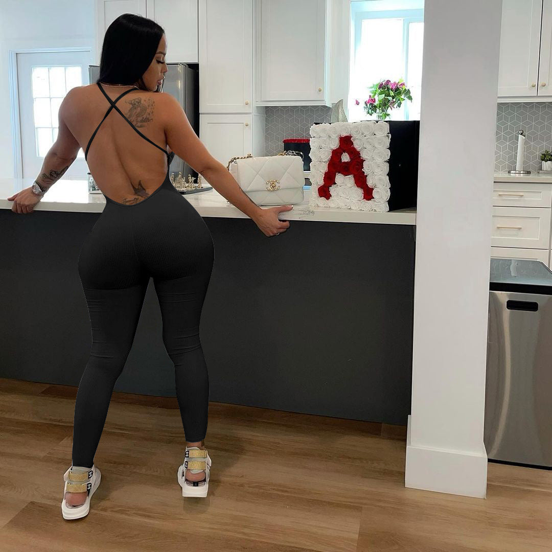 Women Solid Rib Suspender Yoga Jumpsuit