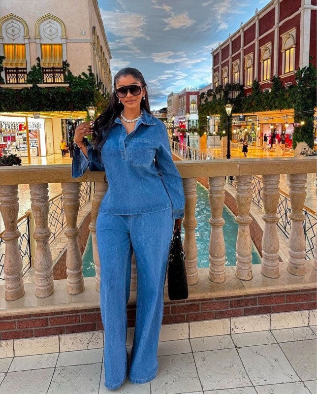 Women Denim Long Sleeve Turndown Collar Pocket Top and Lace-up Pants Two Piece Set