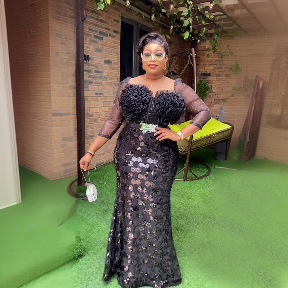 Plus Size Women African Formal Party Party Patchwork Sequin Flower Dress 4