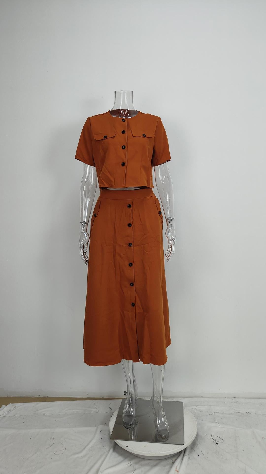 Elegant Solid Short Sleeve Spring Casual Two Piece Skirt Set 14