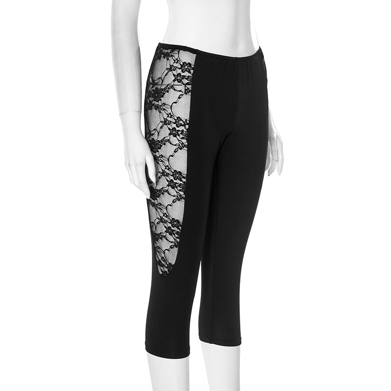 Women spring and summer mesh lace See-Through Solid cropped pants 8