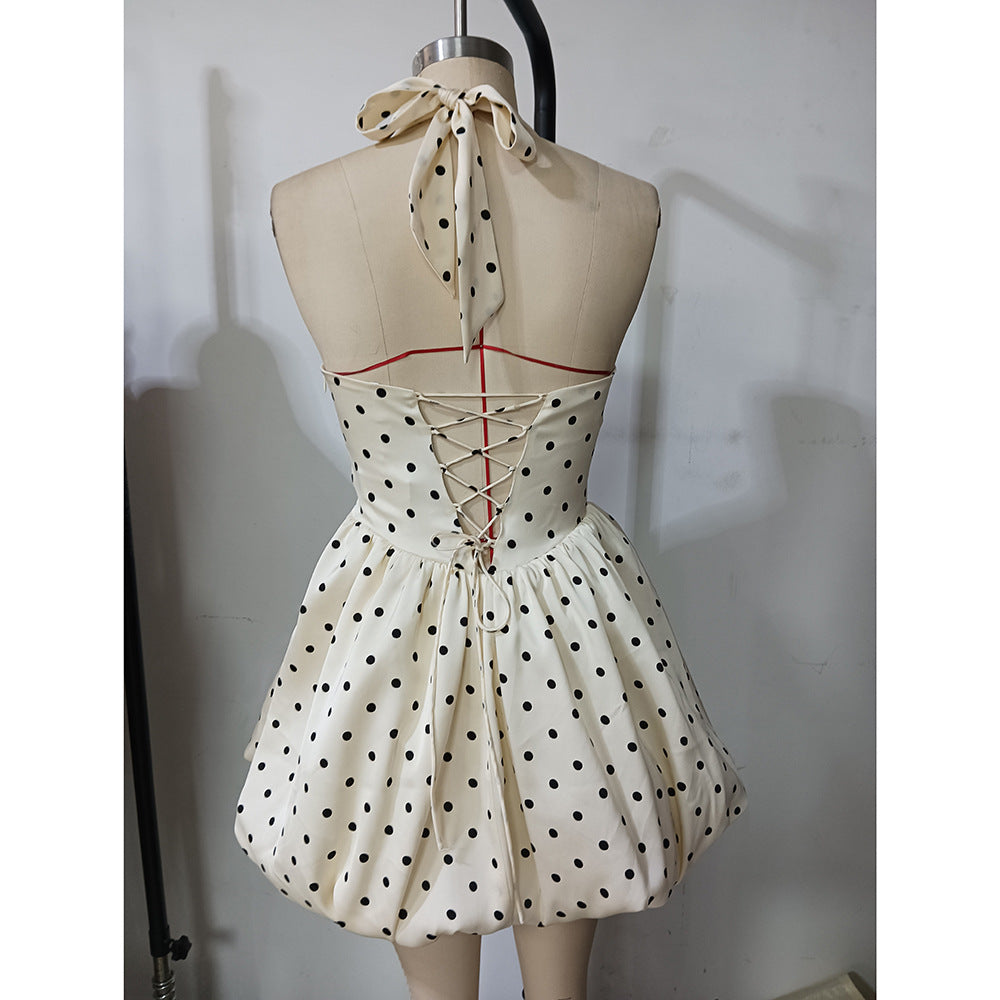Women French Polka Dot Strap Dress Sexy Halter Neck Holidays Tutu Skirt 10