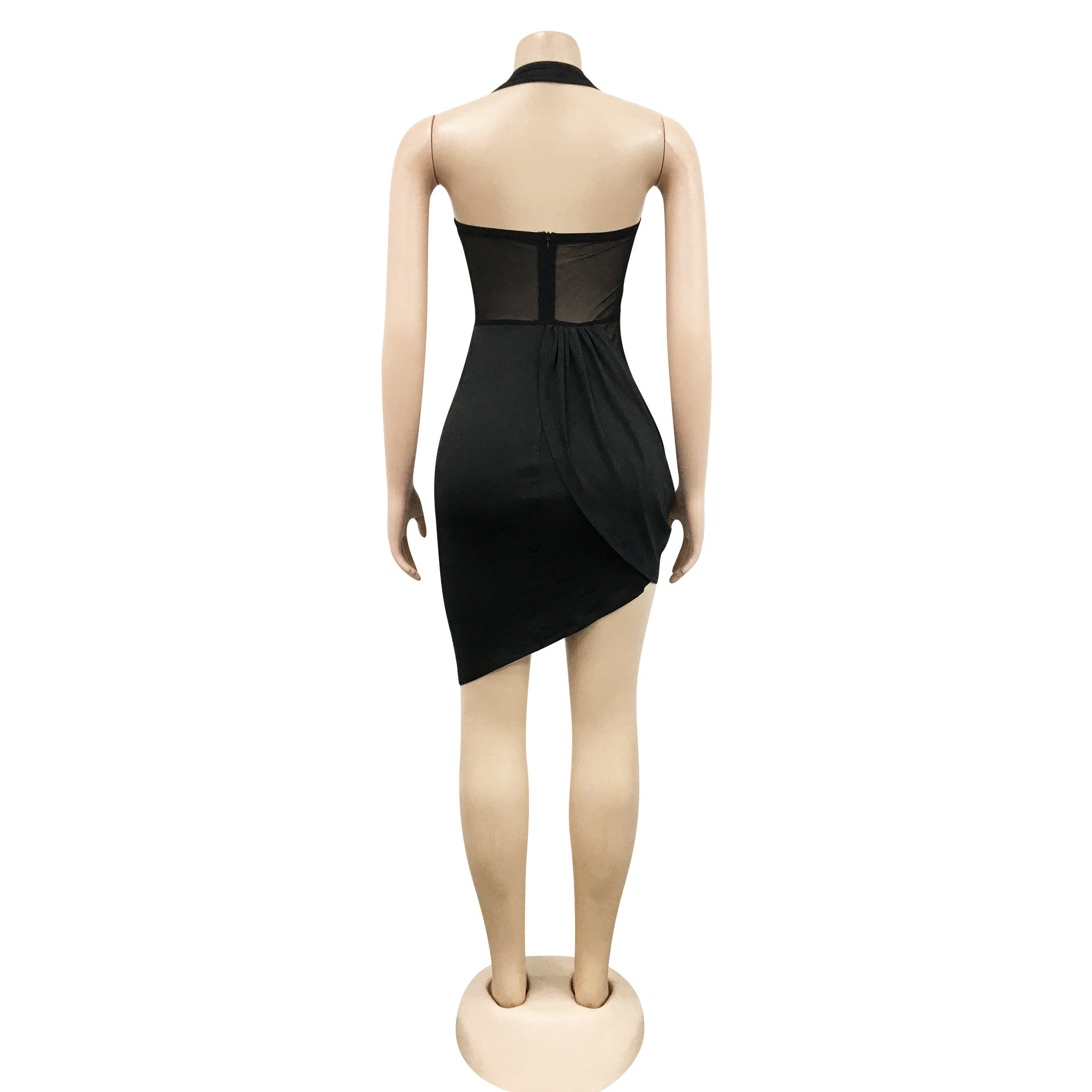 Solid color mesh See-Through cut out pleated irregular dress women 16