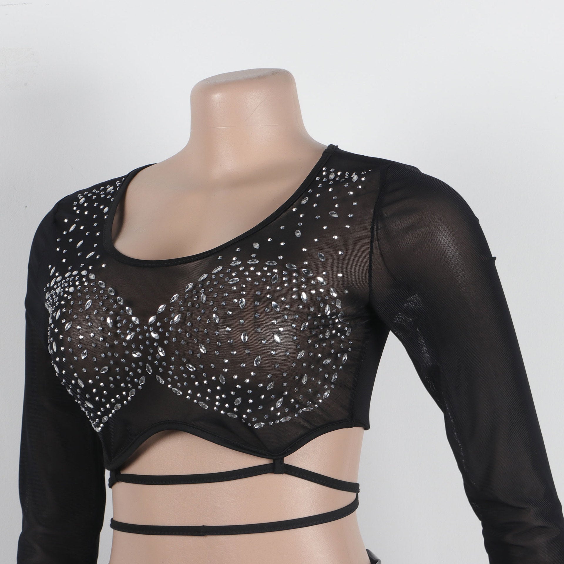 Women Sexy Patchwork Beaded Lace-Up Long Sleeve Crop Top and Shorts Two-piece Set 14