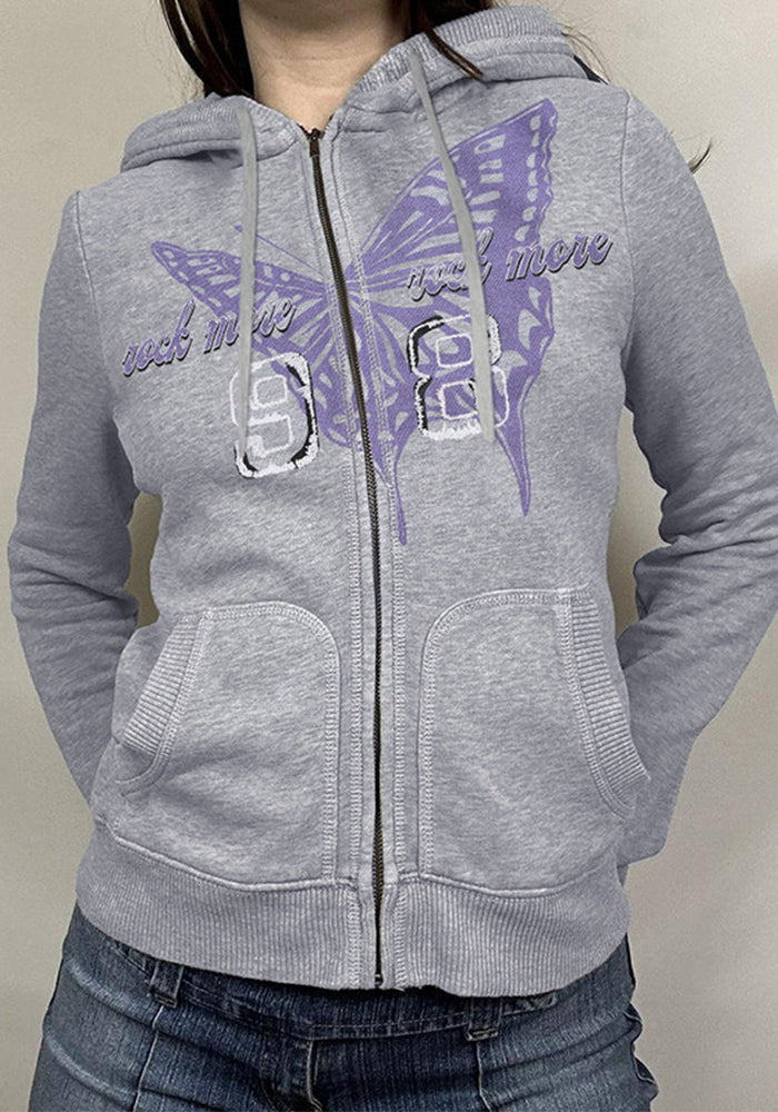Women's Butterfly Print Zipper Patchwork Basic Hoodies Early Autumn Outdoor Wear Casual Simple Jacket