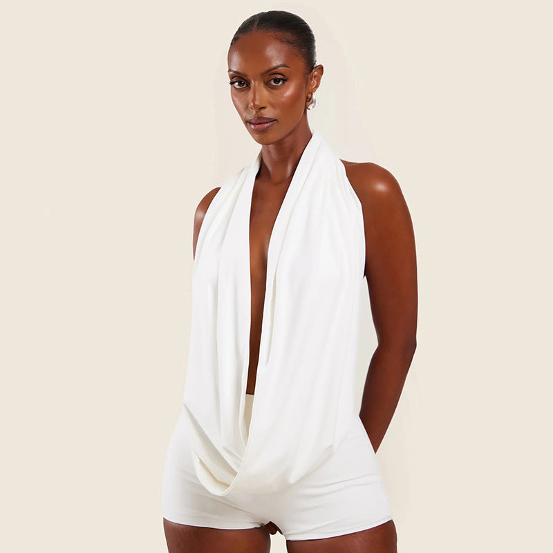 Women's Sexy Draped Neck Halter Neck Low Back Top Tight Fitting Shorts Two-Piece Set