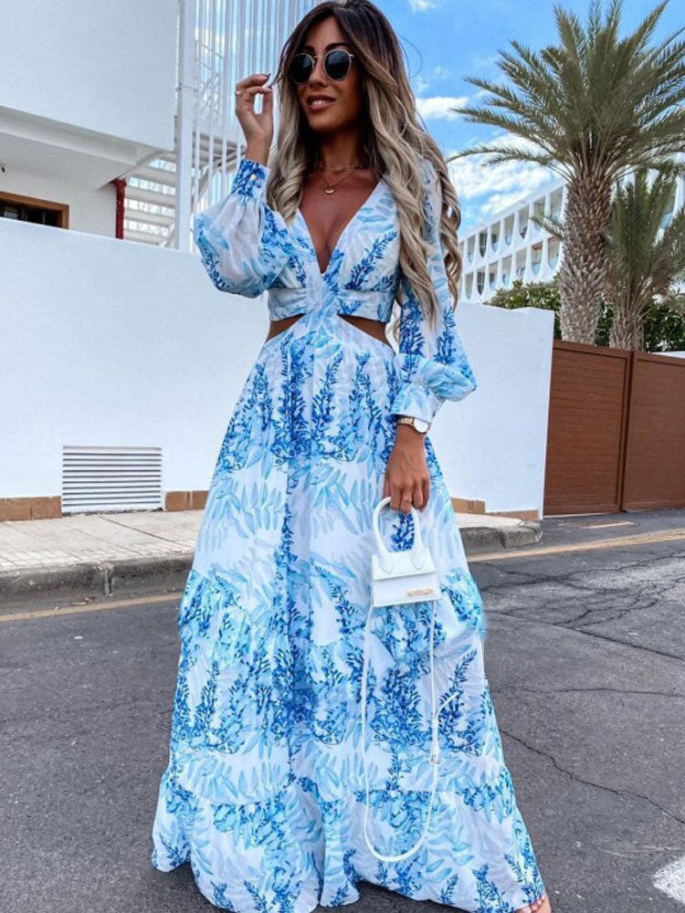 Fashion Women Clothing Spring Long Printed V-Neck Long Sleeve Maxi Dress 6