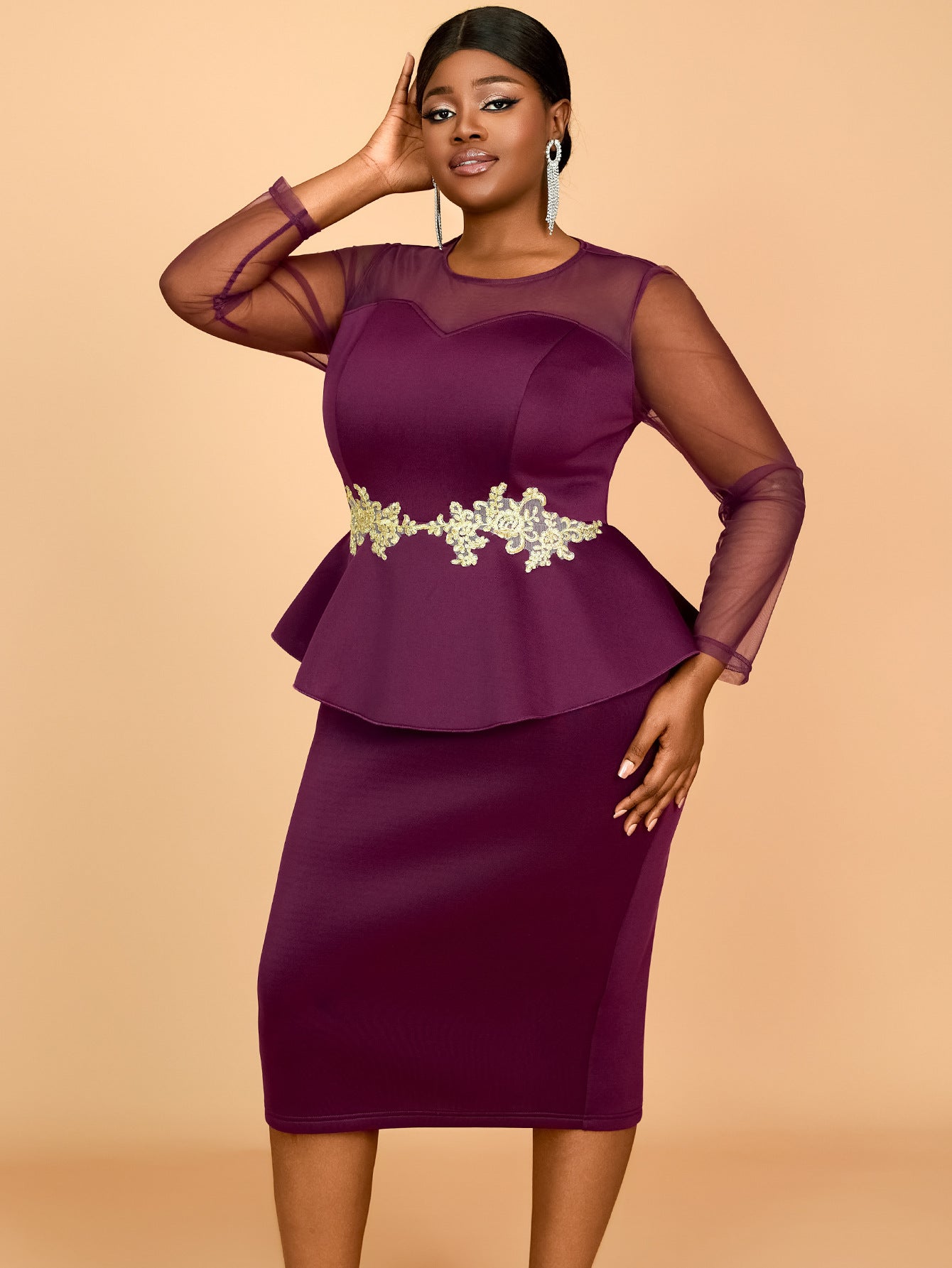 Plus Size See Through Long Sleeve Ruffle Bodycon Dress 5