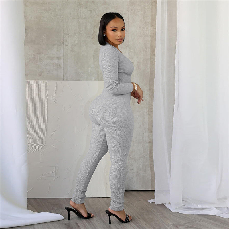 Autumn And Winter Sexy Deep V-Neck Hollow Tight Fitting Long-Sleeved Solid Color Sports Jumpsuit 3