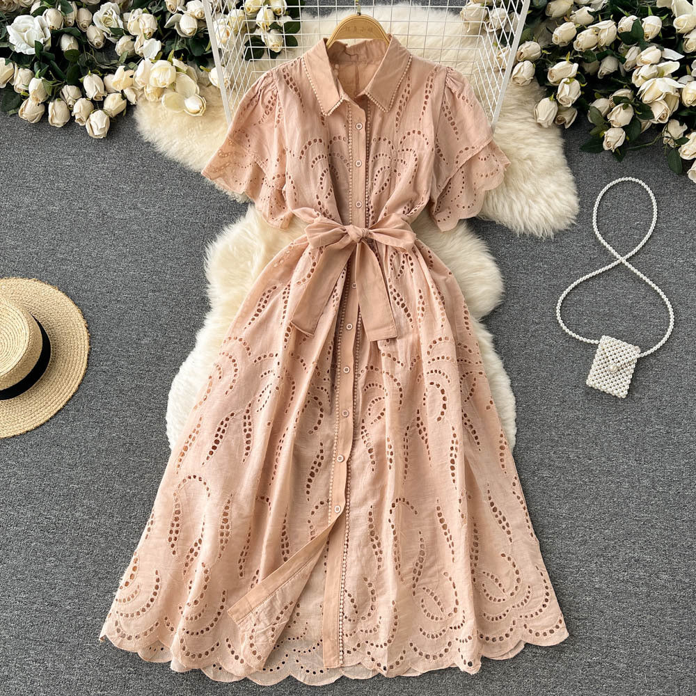 Women Turndown Collar Puff Sleeve Lace Hollow French Maxi Shirt Dress 16