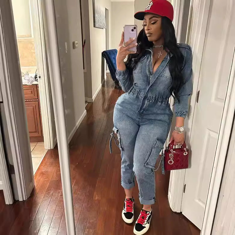 Women Washed Stretch Long Sleeve Denim Jumpsuit 4