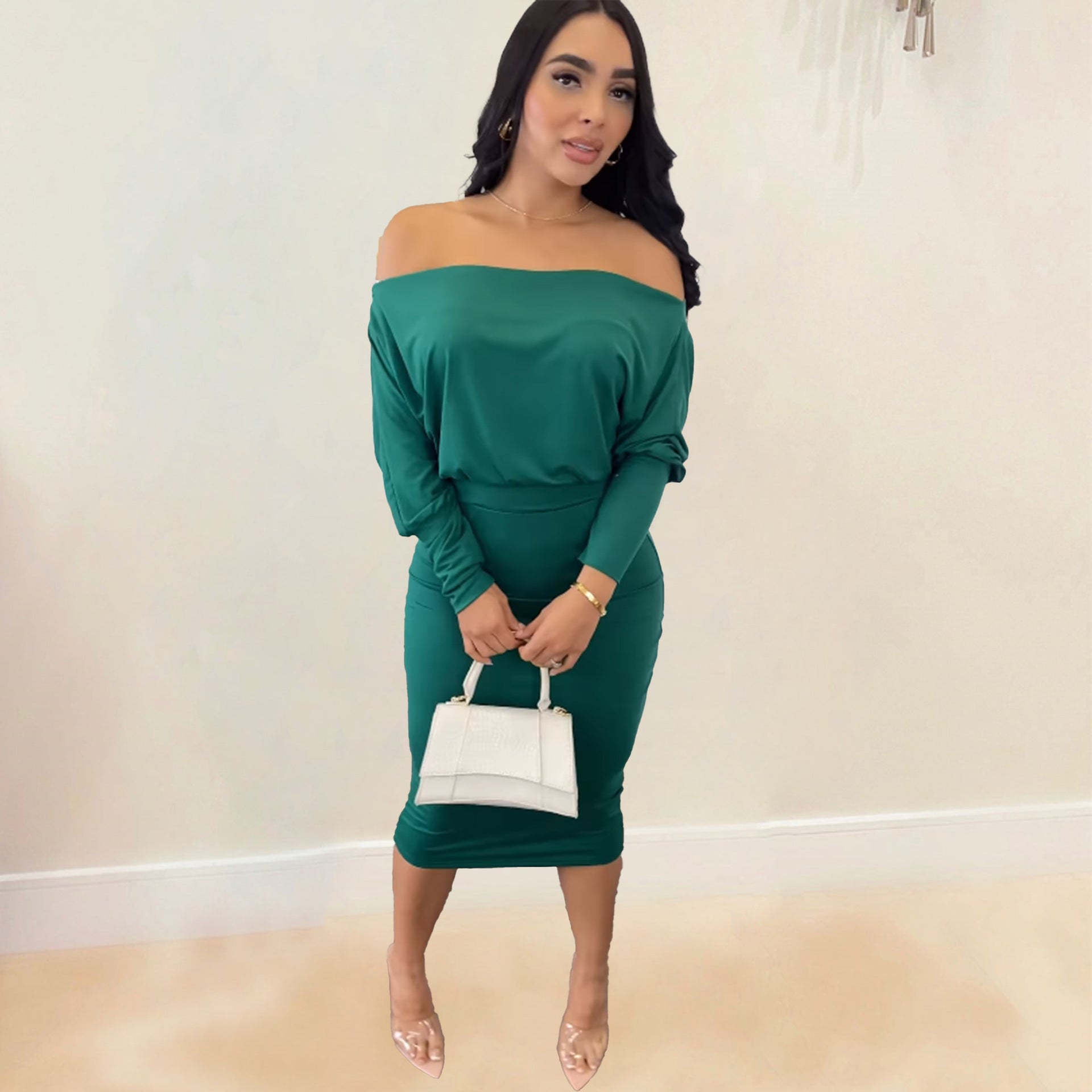 Solid Color Off Shoulder Two-Piece Skirt Set