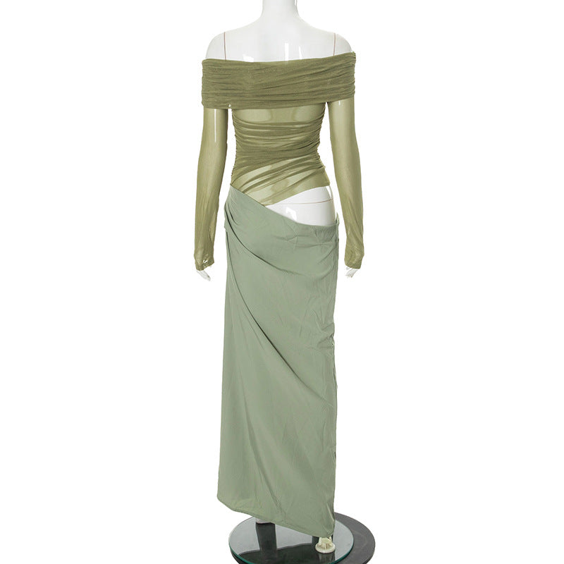 Women Summer Off Shoulder Long Sleeve Cut Out Patchwork Dress 14