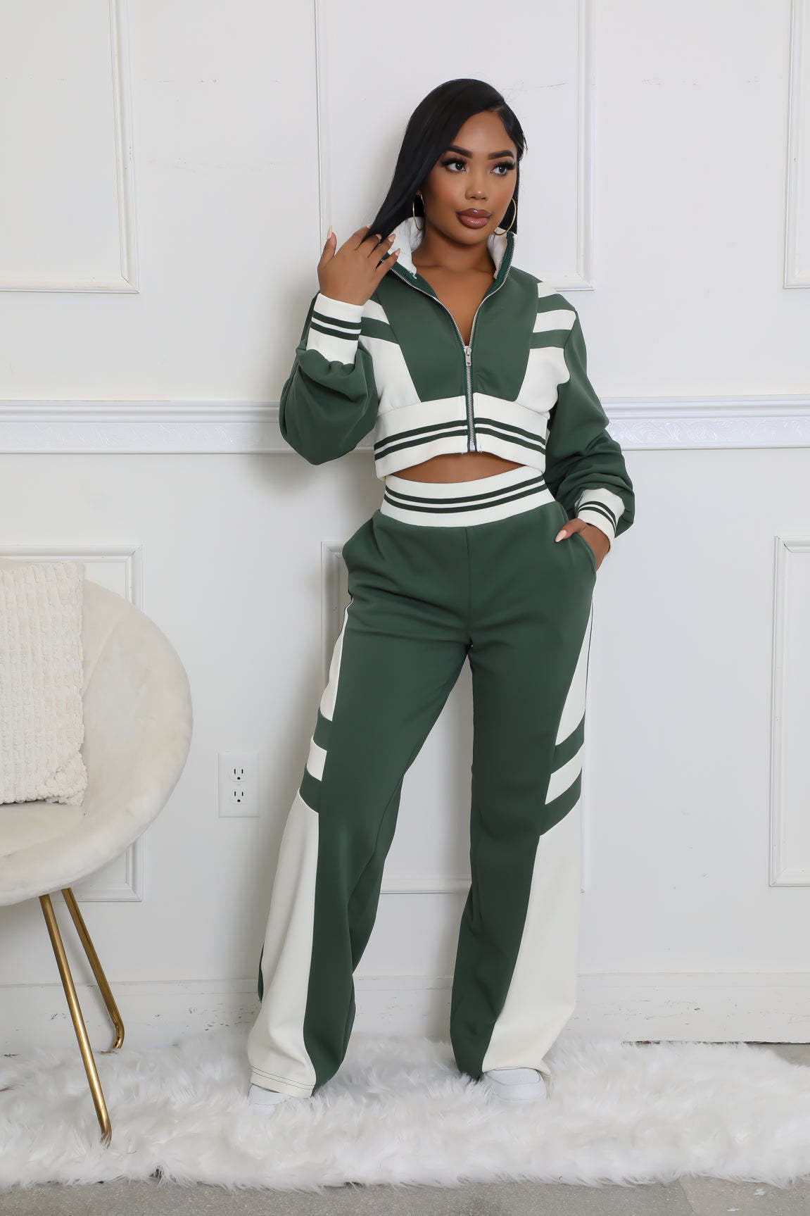 Women autumn and winter high collar zipper Top and Contrast Color trousers Two Piece Set 3