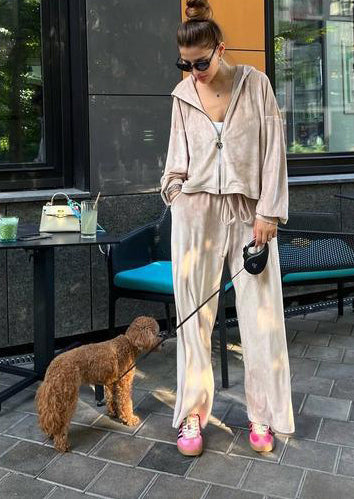 Women Casual Velvet zipper hooded top and wide-leg pants Two Piece Set 4