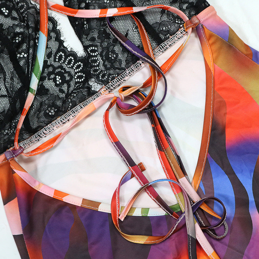 Women's fashion sexy lace patchwork halter v-neck Low Back print slim long dress 18