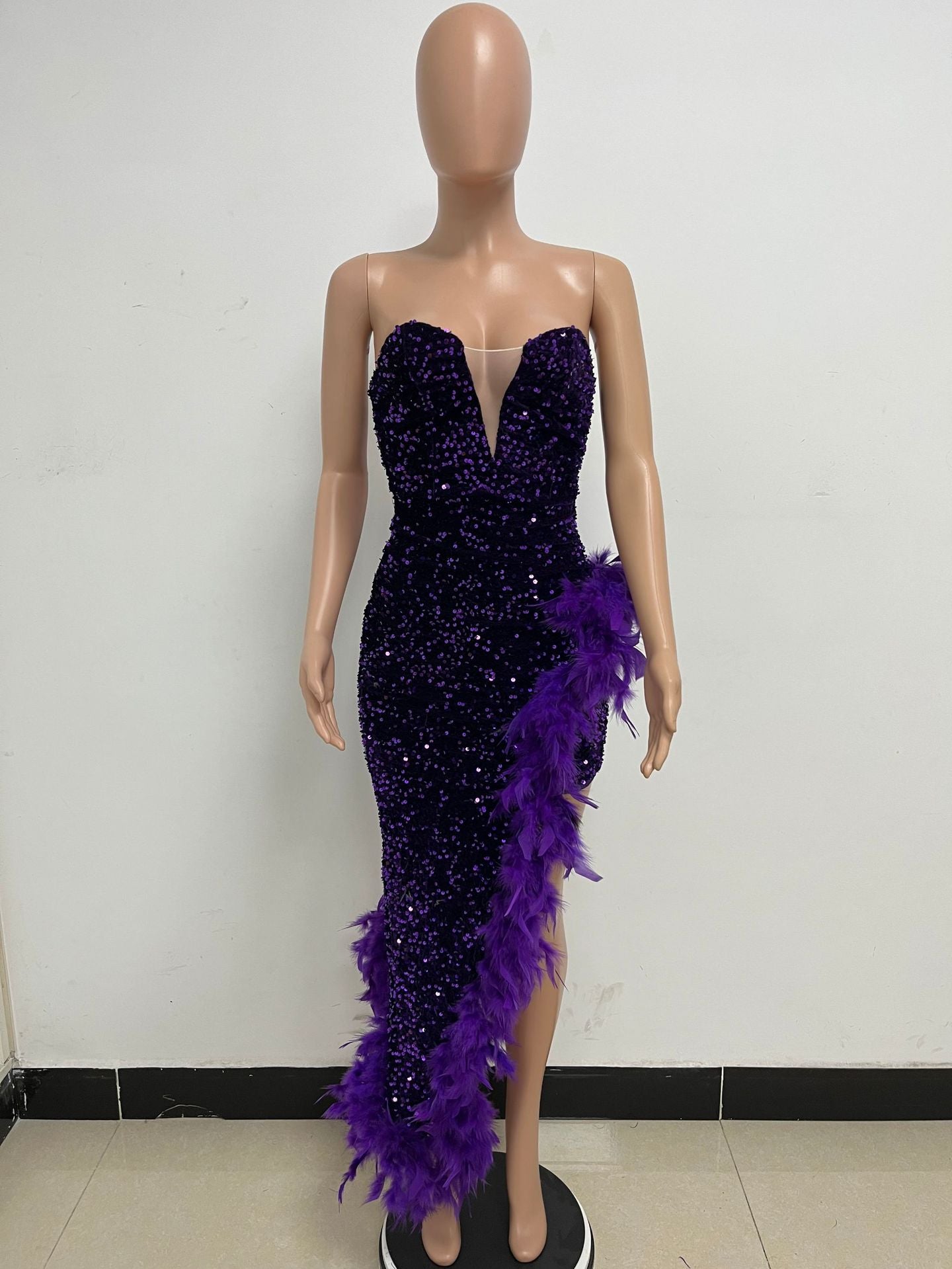 Women Sexy Off Shoulder Backless Sequin Feather Dress 36
