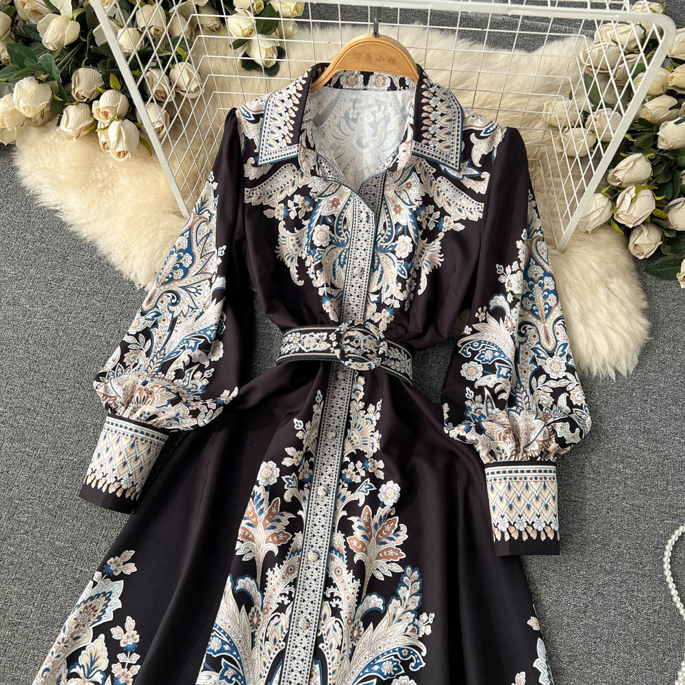 Spring And Autumn Lantern Sleeves Turndown Collar Single-Breasted Button Printed Dress Women Slim Waist Swing Long Dress 6