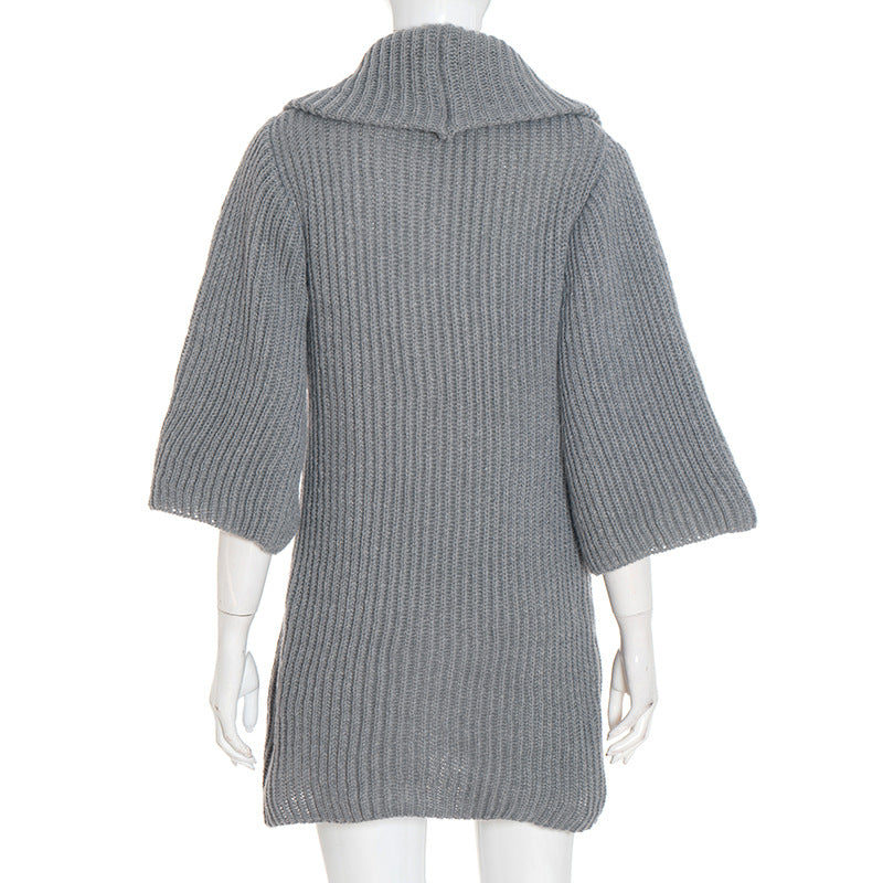 Women's Autumn & Winter Solid Color Casual Loose Cowl Neck Knitted Mid-Long Sleeve Dress 6