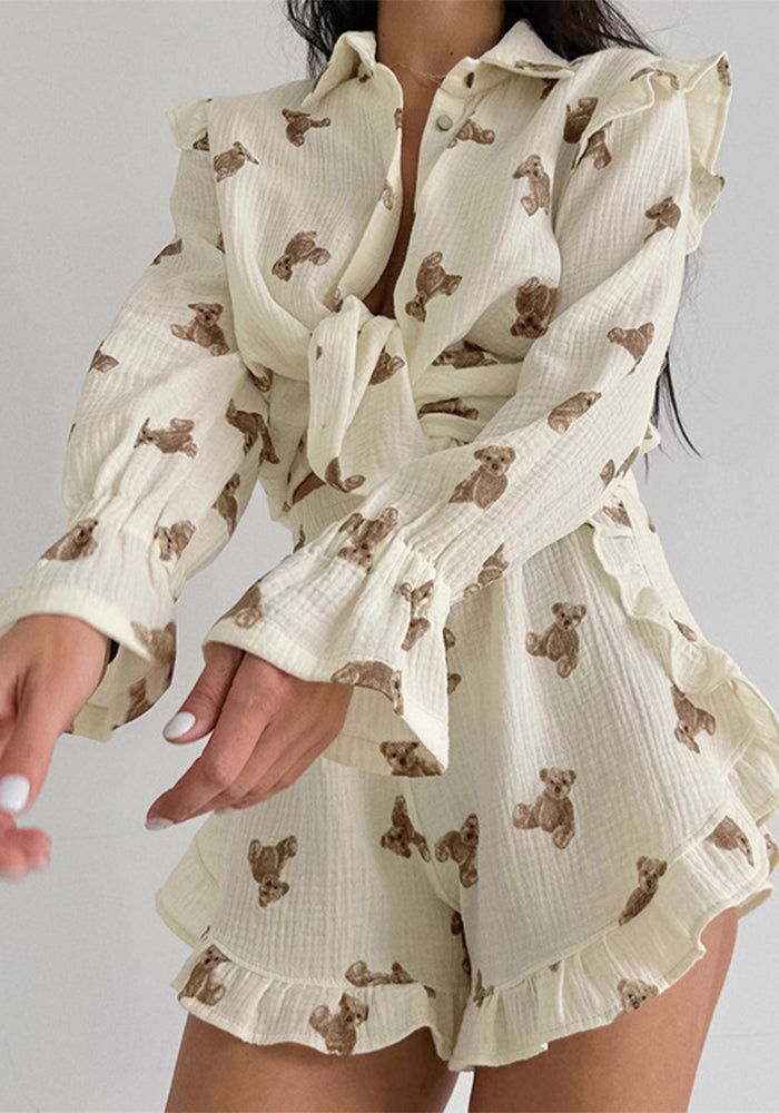 Women Printed Ruffled Bell Bottom Top and Shorts Two-Piece Set