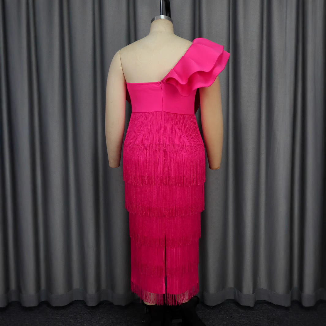 Elegant Solid Color Slash Shoulder Big Bow Fringe Formal Party Dress 8