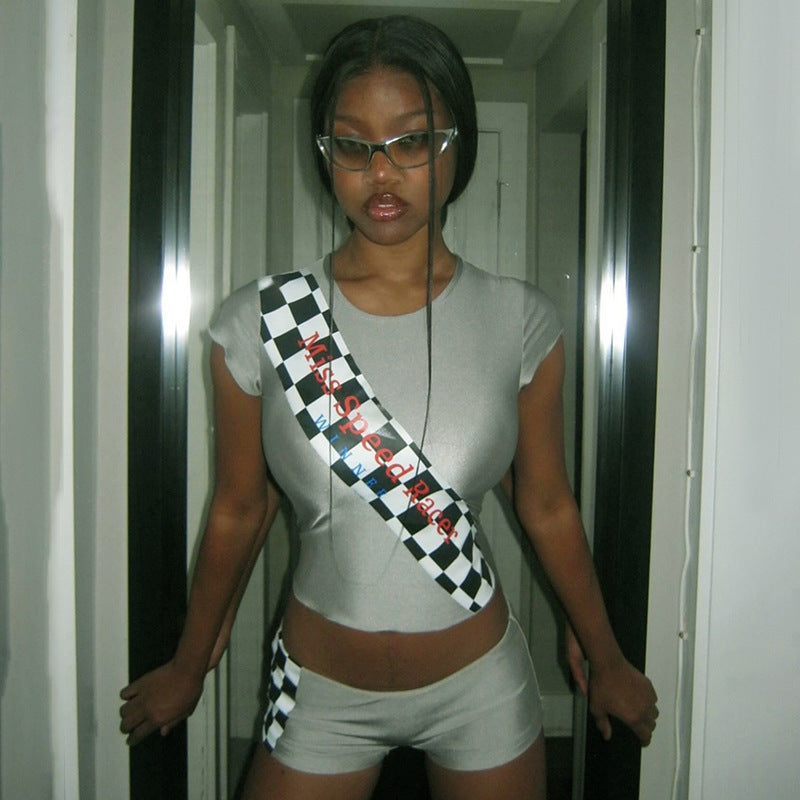 Women summer black and white plaid Letter print Top and Shorts Casual sports two-piece set