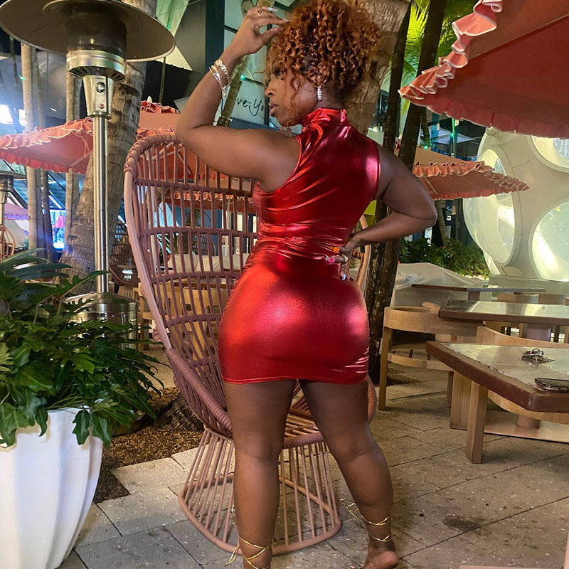 Women's Shiny Faux Leather Sleeveless Slim Waist Bodycon Dress 9