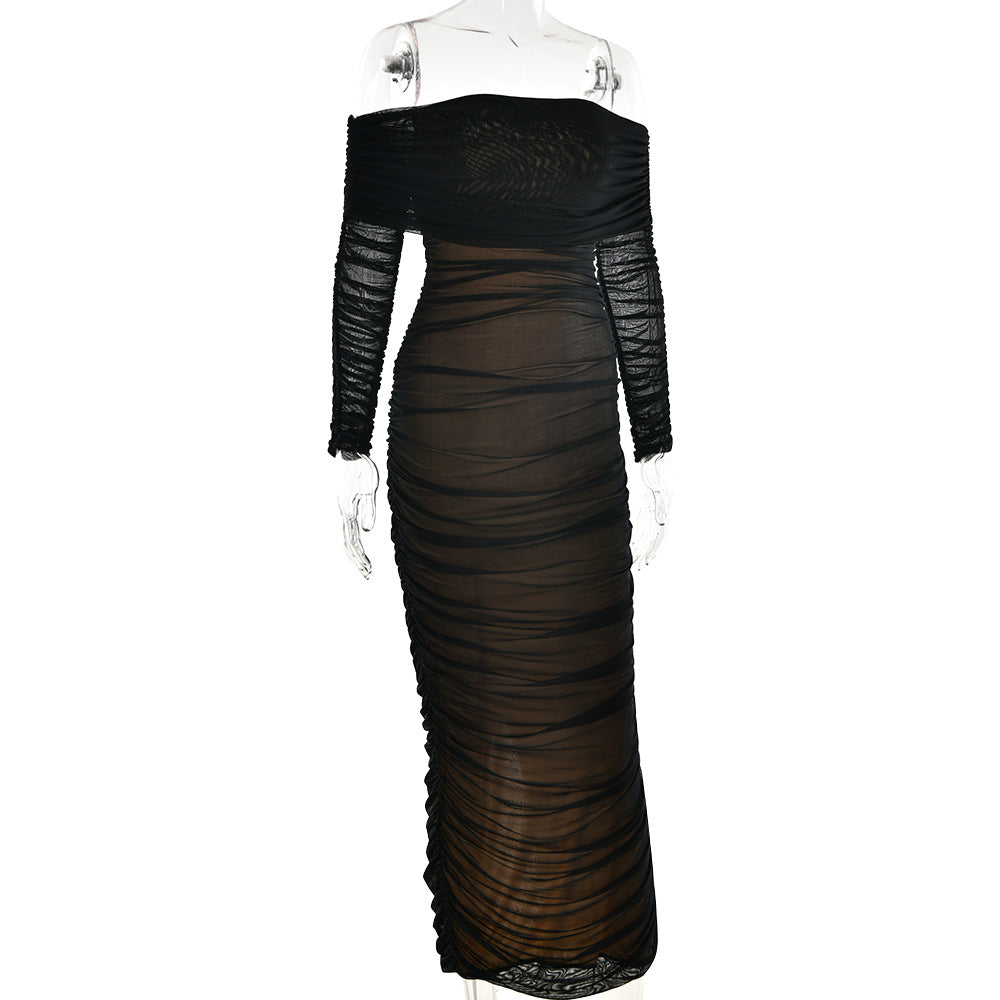 Women Autumn Bodycon Sexy Mesh Off Shoulder Gathered Dress 19