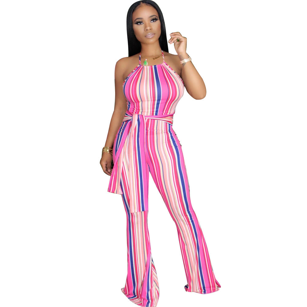 Multi-Color Striped Halter Neck Slim Fit Bell Bottom Women's Jumpsuit 8