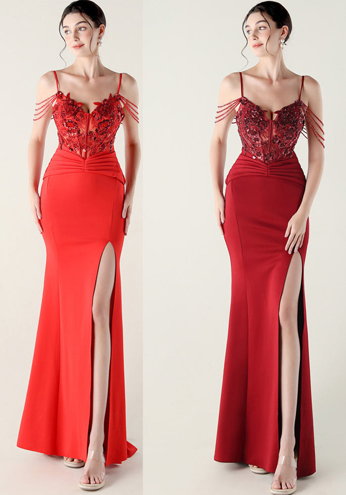 Women Applique Beaded Tube Fishbone Pressed Beaded Off-shoulder Sexy Evening Dress