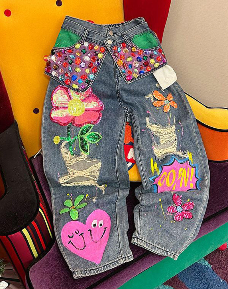 Women Beading Ripped Denim Loose Pants