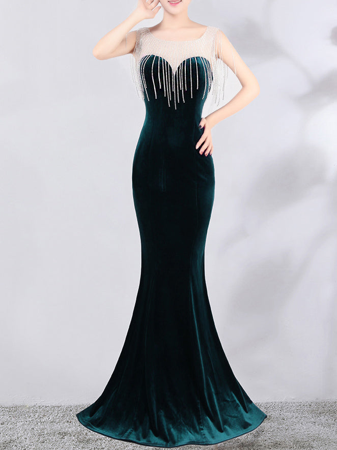 diamond chain velvet evening dress Formal Party long slim and elegant mermaid Prom Dress