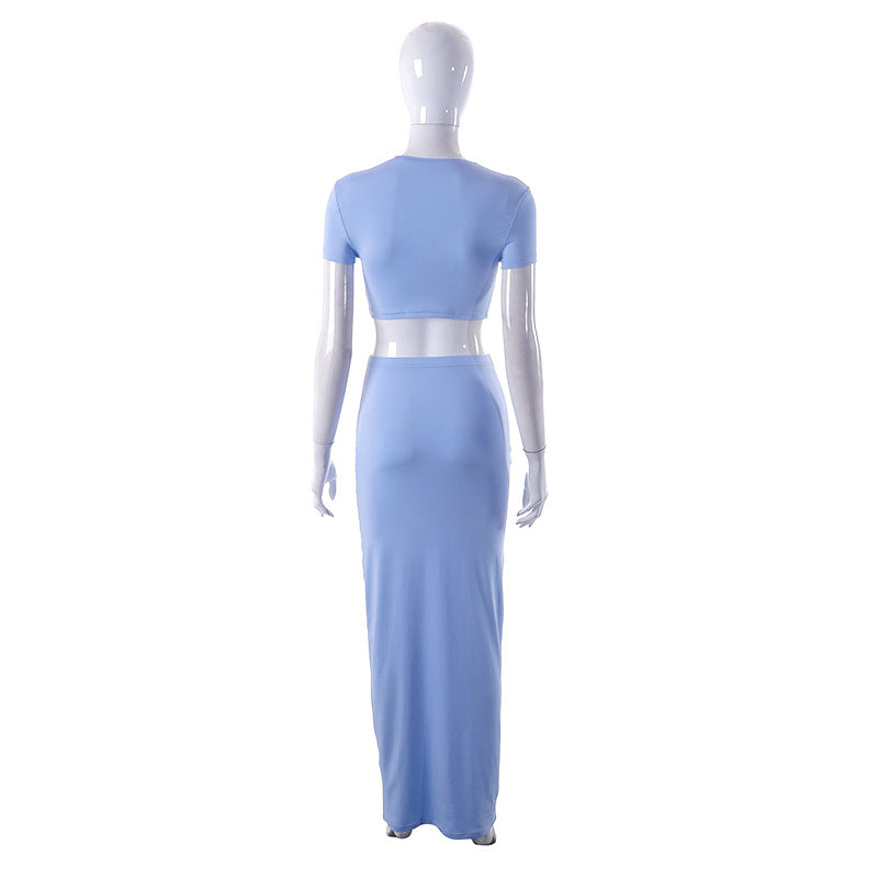 Women's Spring Solid Short Sleeve Crop Two Piece Skirt Set 25