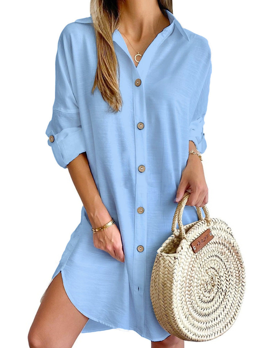 Autumn Casual Long Sleeve Turndown Collar Button Shirt Dress For Women 12