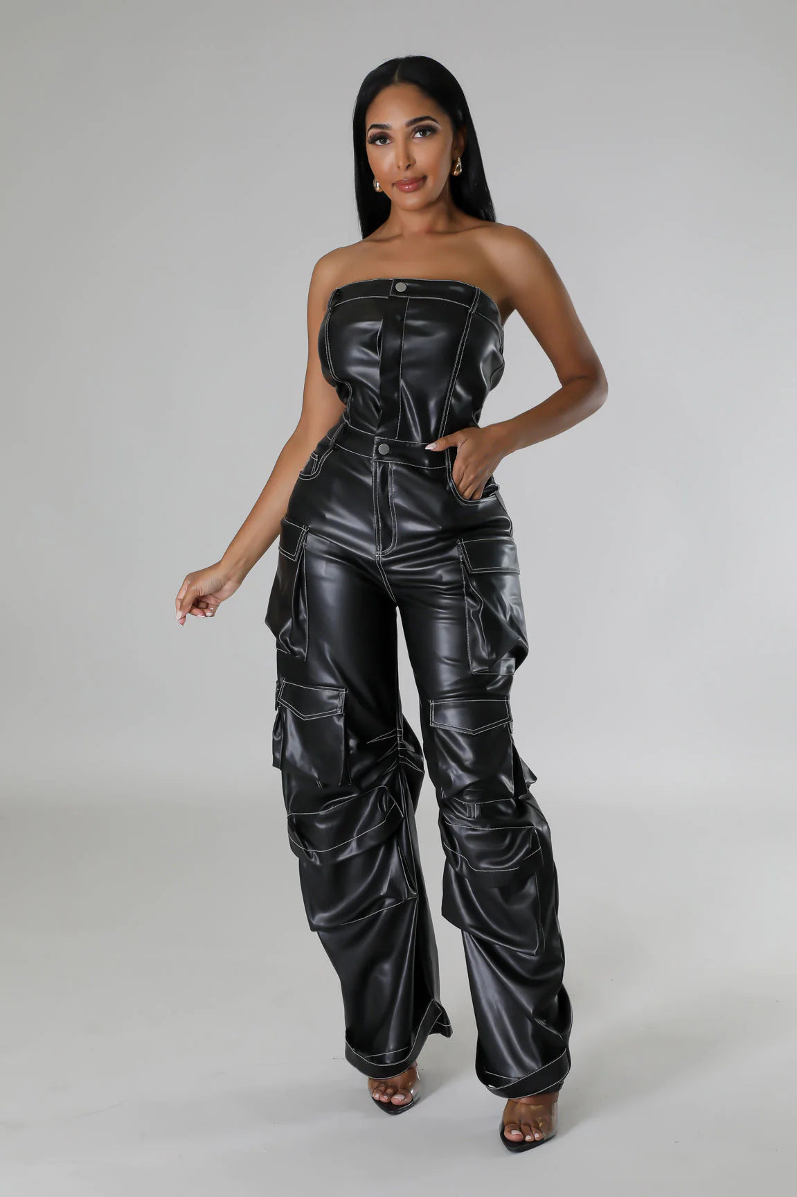 Women's Strapless Low Back Slim Fit Trendy Pocket Jumpsuit 4