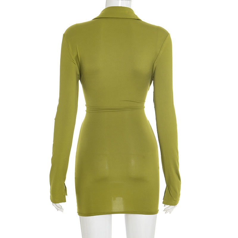 Women's Turn-Down Collar Button Long Sleeve Bodycon Short Dress 8