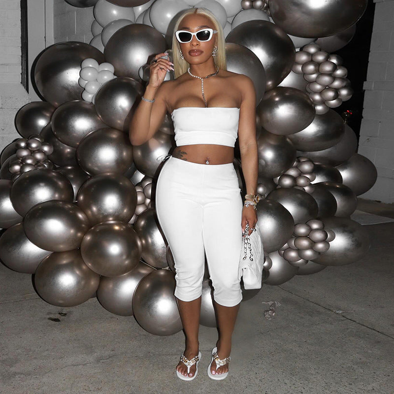 Women's spring and summer solid color Strapless Crop Top elastic waist seven-quarter split pants set 6