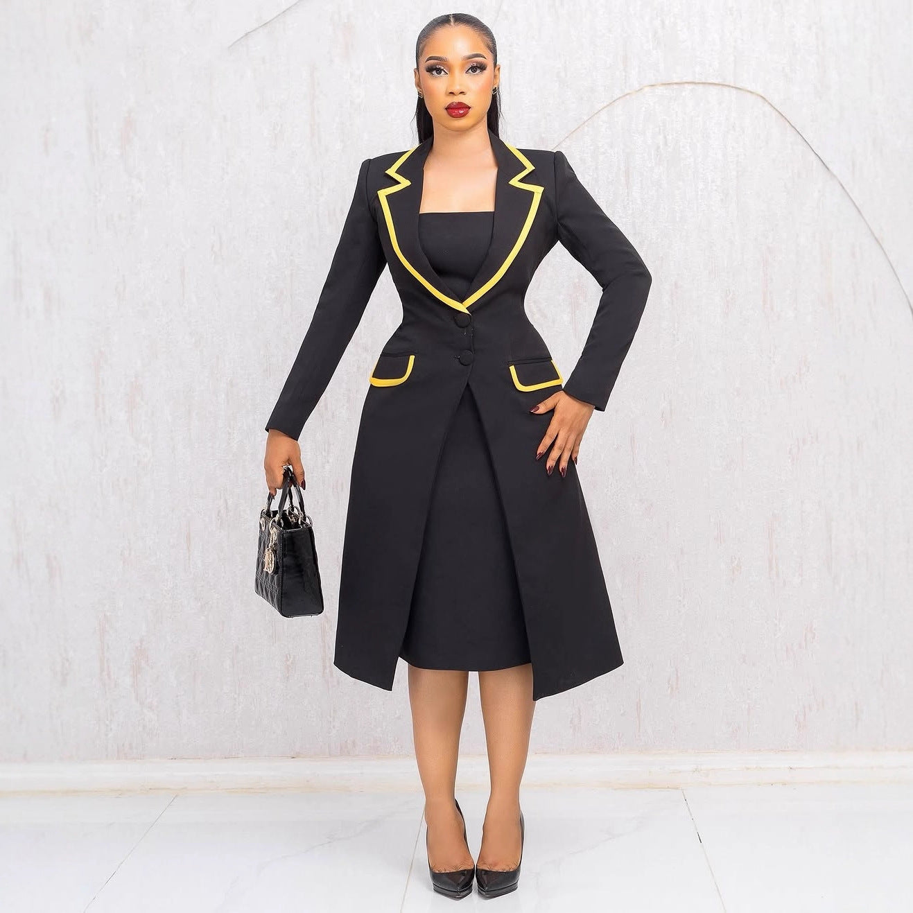 Women Elegant Turndown Collar Stretchy Blazer Dress Two-Piece Set 6