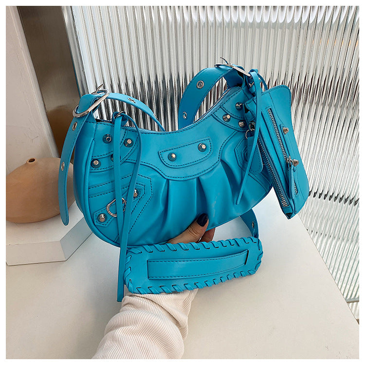 Diagonal pleated single shoulder women's retro rivet bag 58