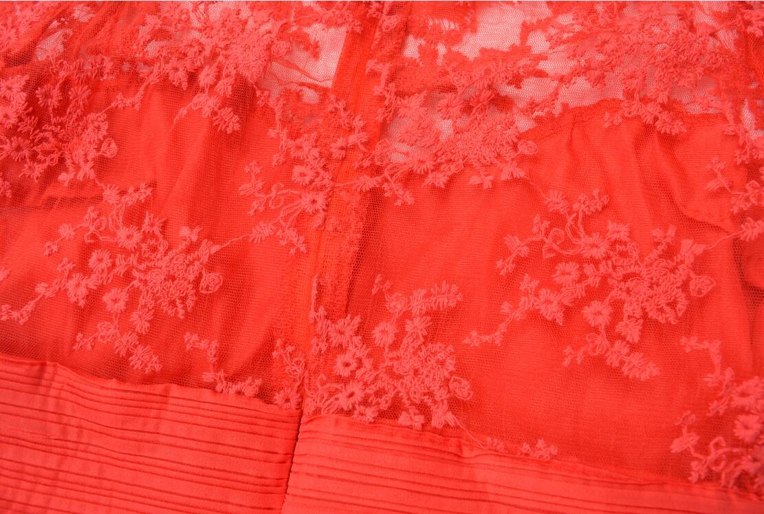 Autumn Women's Red Long Sleeve Lace See-Through Evening Gown 19