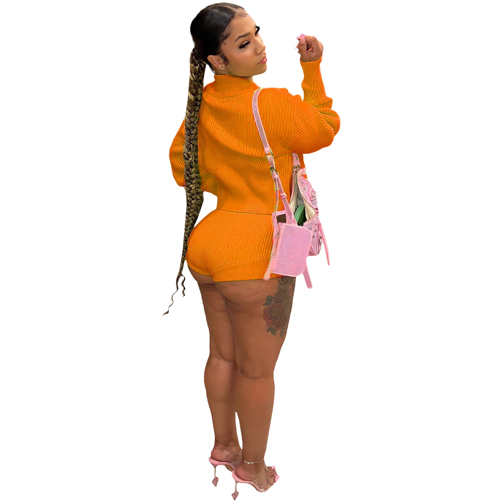 Women knitting Turndown Collar long-sleeved Top and shorts Casual two-piece set 8