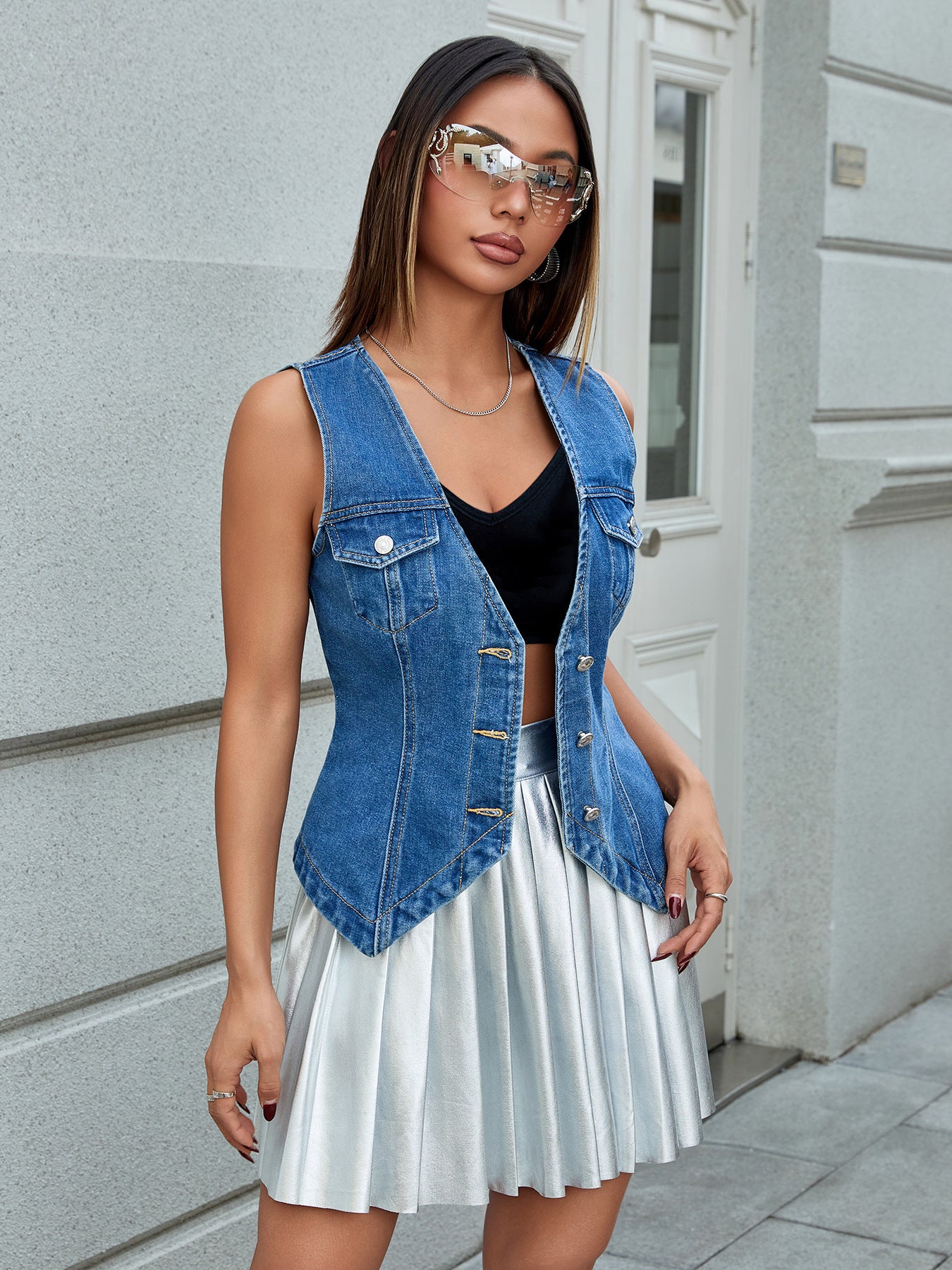 Women's Patchwork Slim Denim Vest