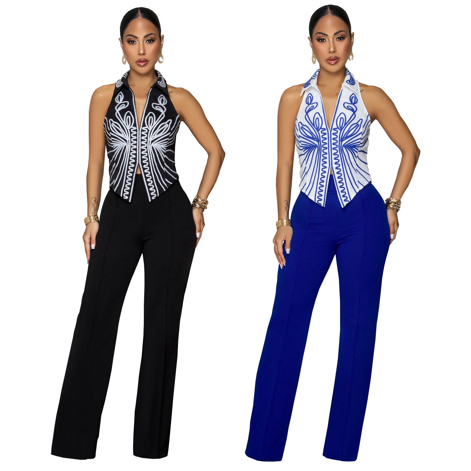 Women Elegant Printed Top and Pants Two-Piece Set 7