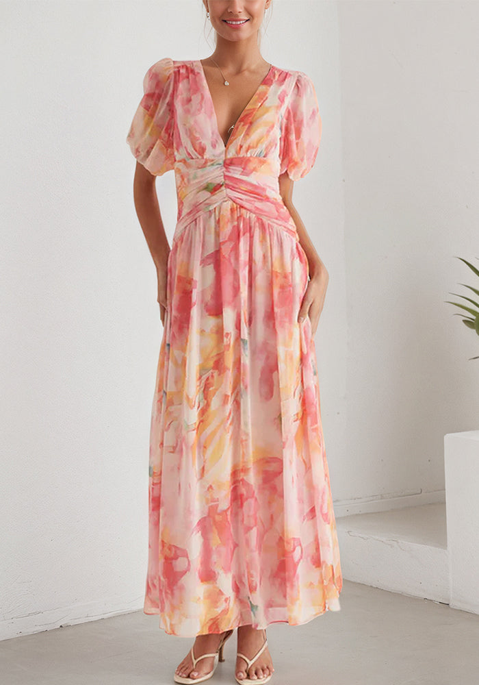 Women Holiday Chiffon V-Neck Short-Sleeve Zippered Print Dress