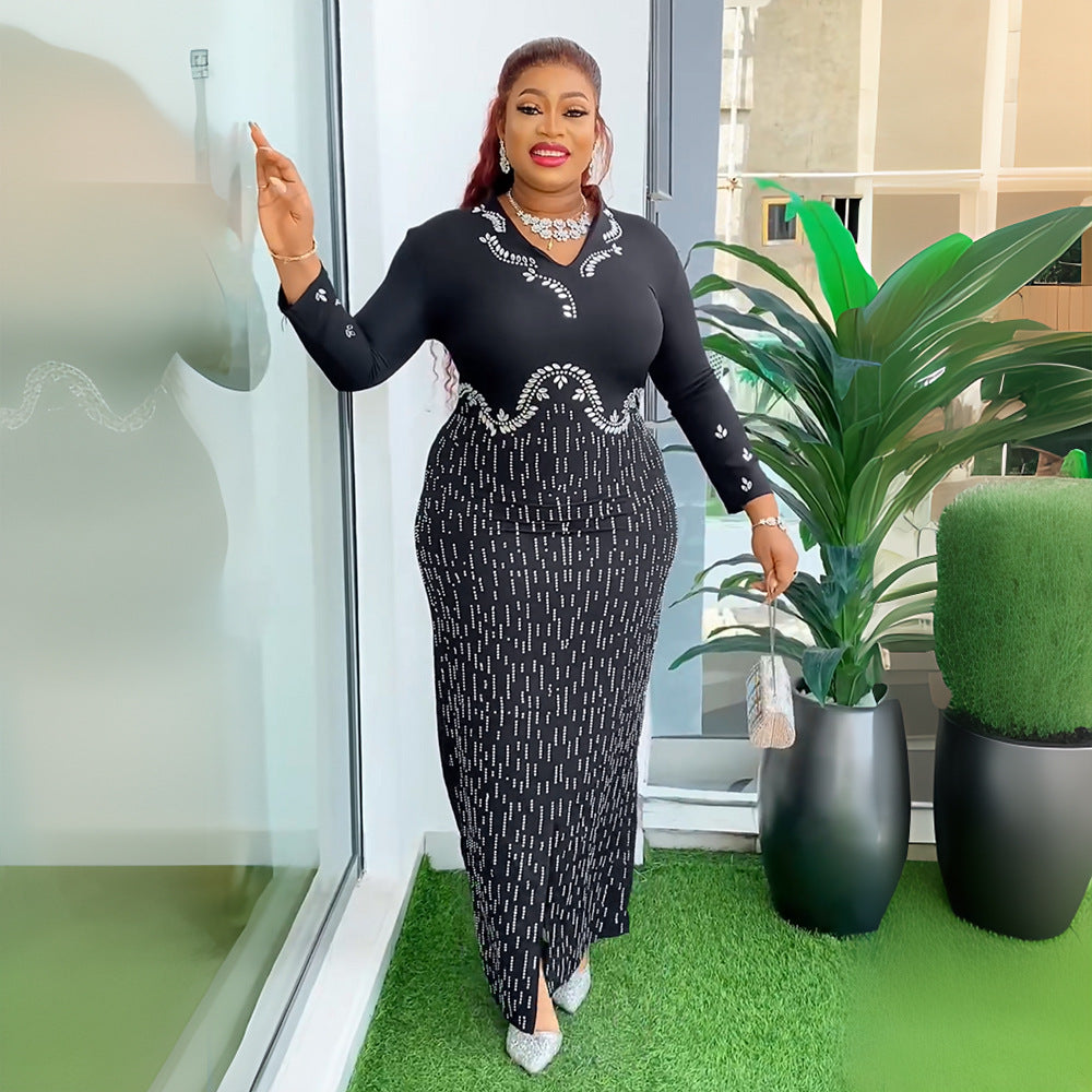 Africa Plus Size Women's Beaded V-Neck Bodycon Chic Elegant Dress 4