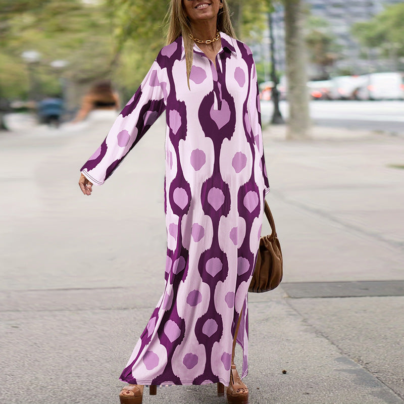 Plus Size Women Turndown Collar Long Sleeve Slit Loose Dress 6